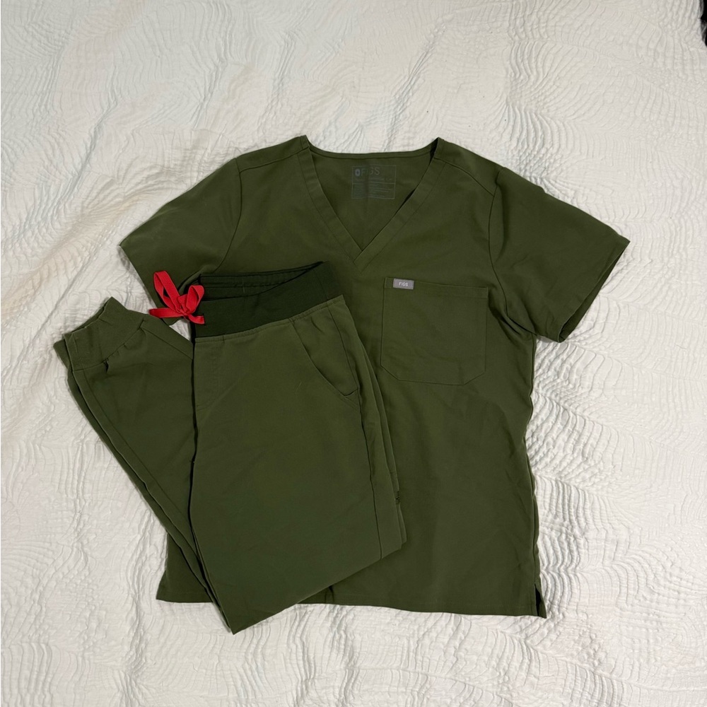 Figs Olive Green Scrub Set with Red Accent